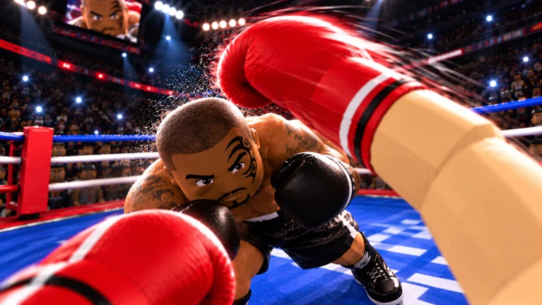 Official First Person Boxing artwork showing a red-gloved punch and an opponent ducking inside the ring