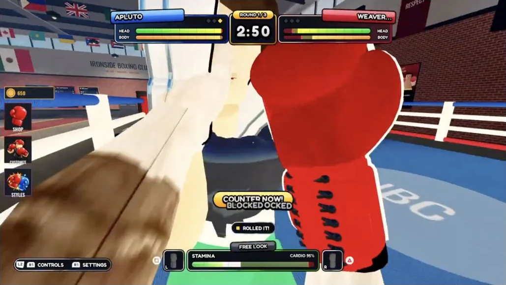 First Person Boxing close exchange displaying the COUNTER NOW prompt beside BLOCKED and ROLLED IT feedback