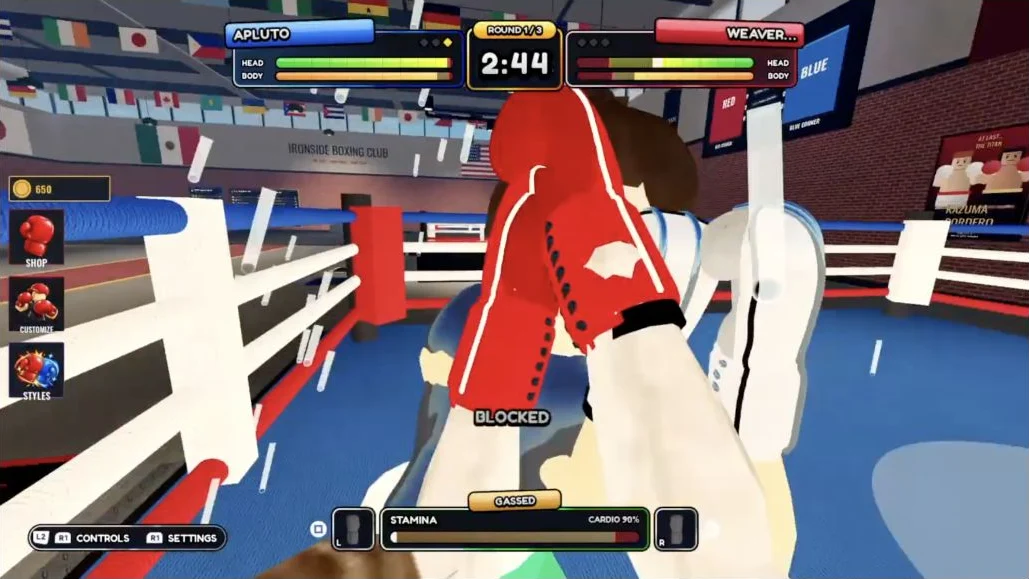 First Person Boxing close-range exchange with GASSED above a nearly empty STAMINA bar and a separate CARDIO display